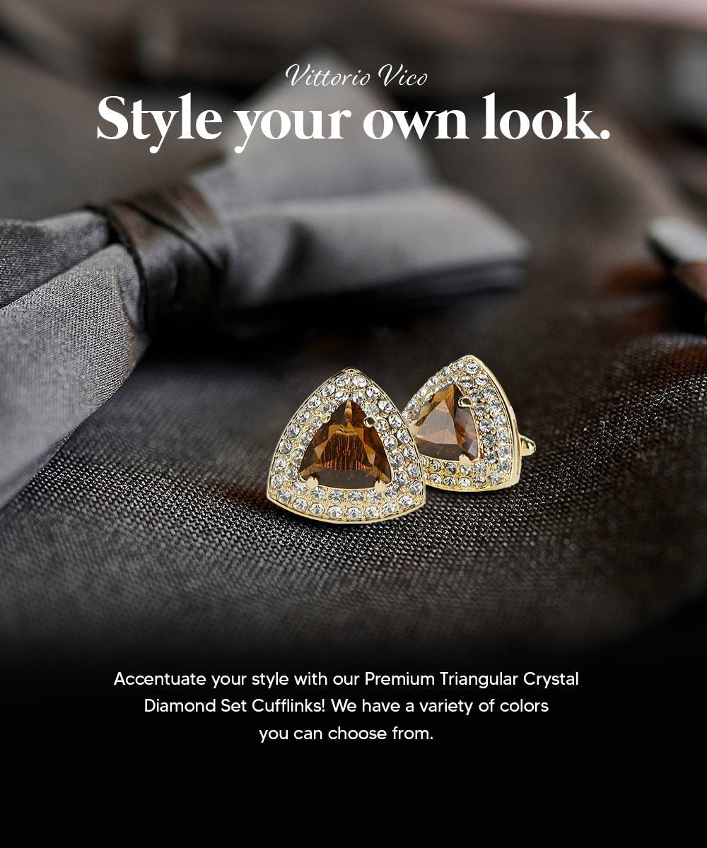 Vittorio Vico Men's Large Triangular Crystal Diamond Set Cufflinks: CL72XX Series - Suits You Sir - Brown and Gold -