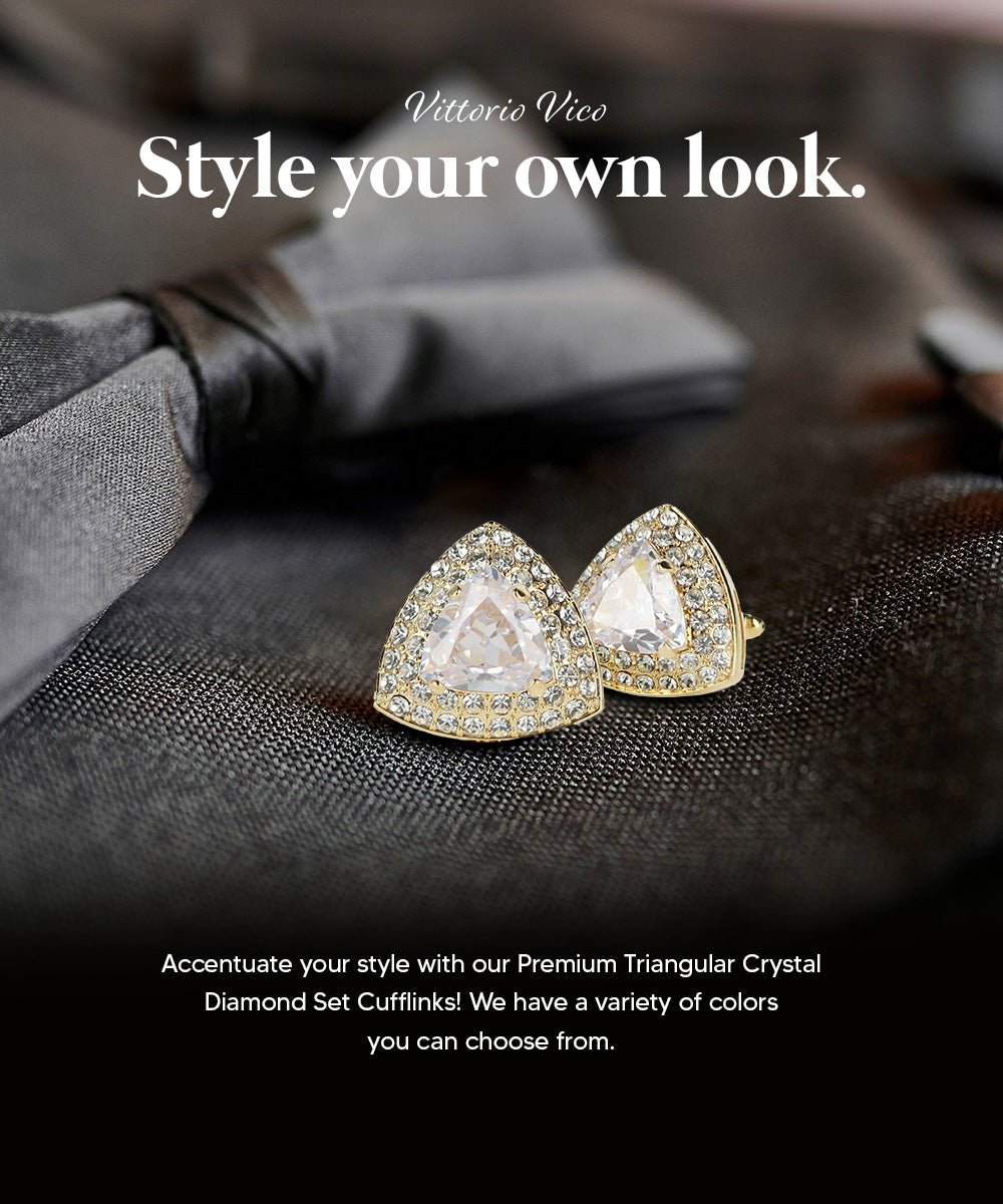 Vittorio Vico Men's Large Triangular Crystal Diamond Set Cufflinks: CL72XX Series - Suits You Sir - Clear and Gold -