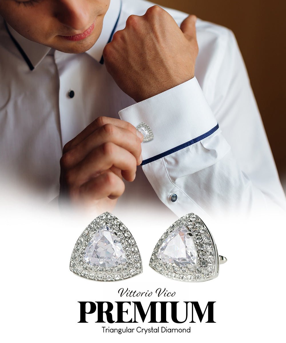Vittorio Vico Men's Large Triangular Crystal Diamond Set Cufflinks: CL72XX Series - Suits You Sir - Clear and Silver -