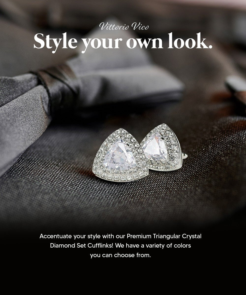 Vittorio Vico Men's Large Triangular Crystal Diamond Set Cufflinks: CL72XX Series - Suits You Sir - Clear and Silver -