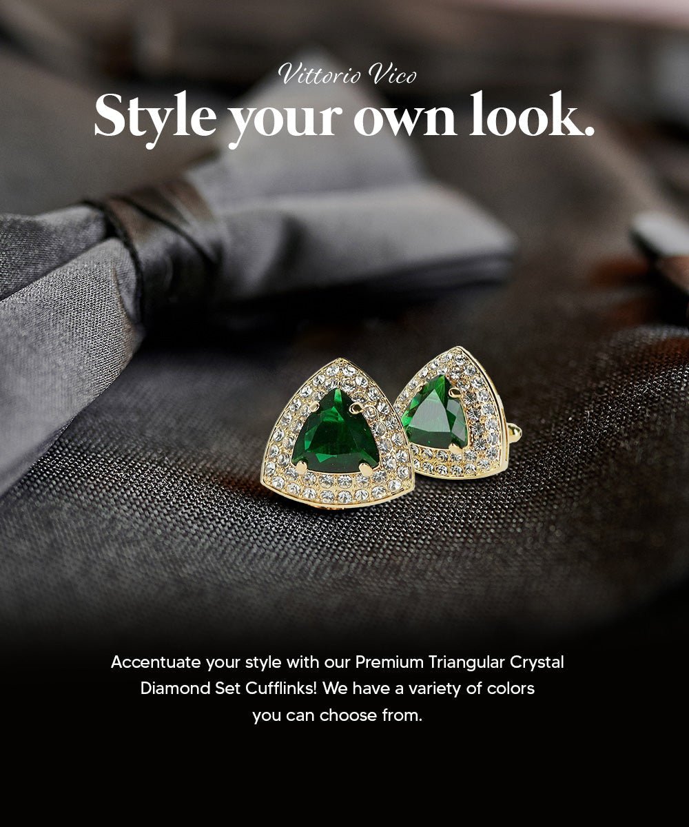 Vittorio Vico Men's Large Triangular Crystal Diamond Set Cufflinks: CL72XX Series - Suits You Sir - Emerald Green and Gold -