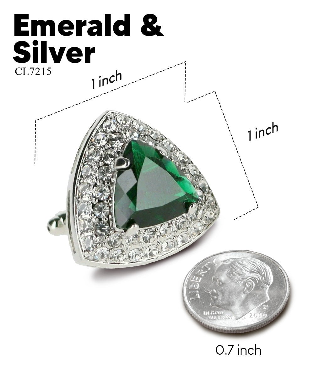 Vittorio Vico Men's Large Triangular Crystal Diamond Set Cufflinks: CL72XX Series - Suits You Sir - Emerald Green and Silver -