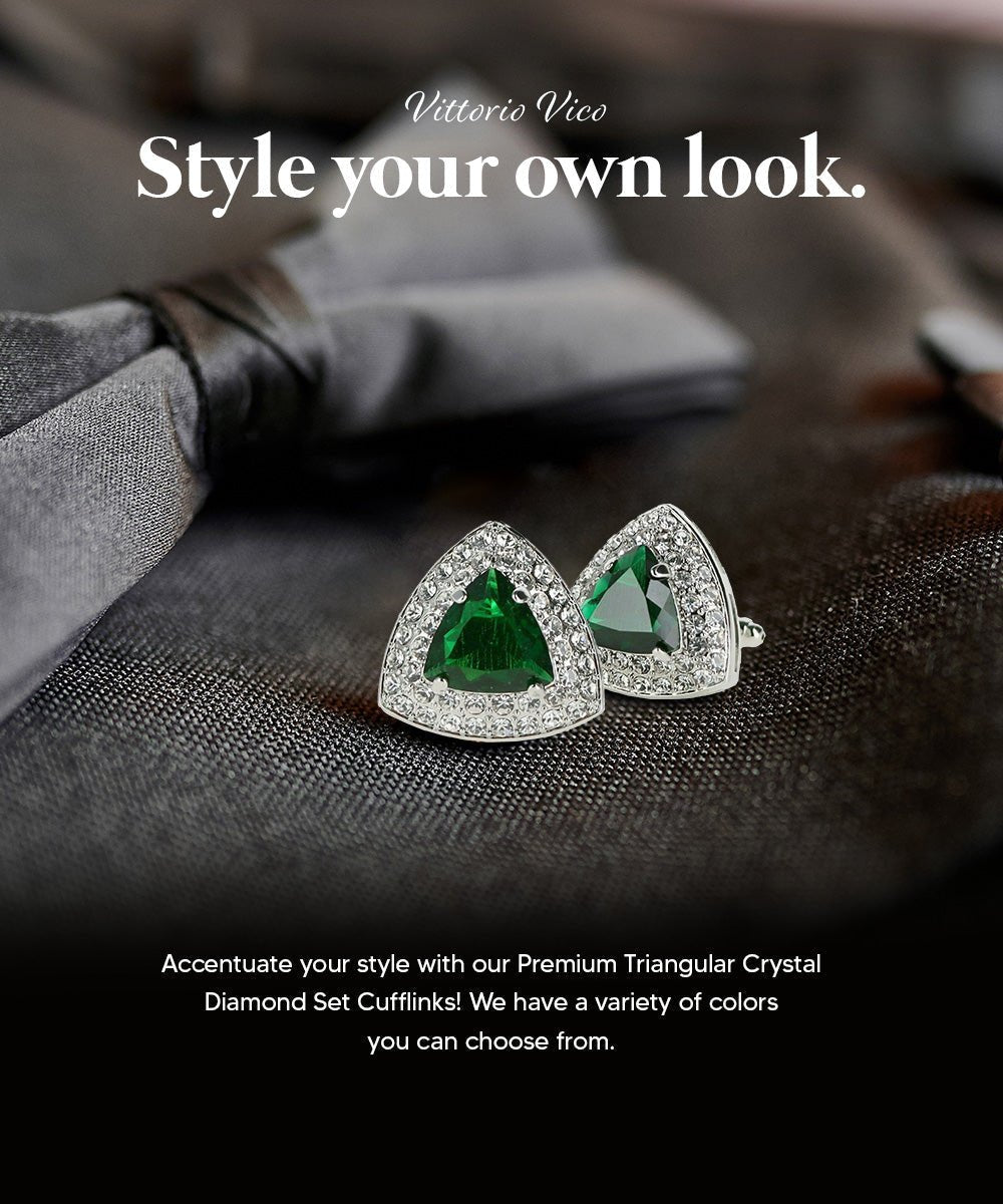 Vittorio Vico Men's Large Triangular Crystal Diamond Set Cufflinks: CL72XX Series - Suits You Sir - Emerald Green and Silver -