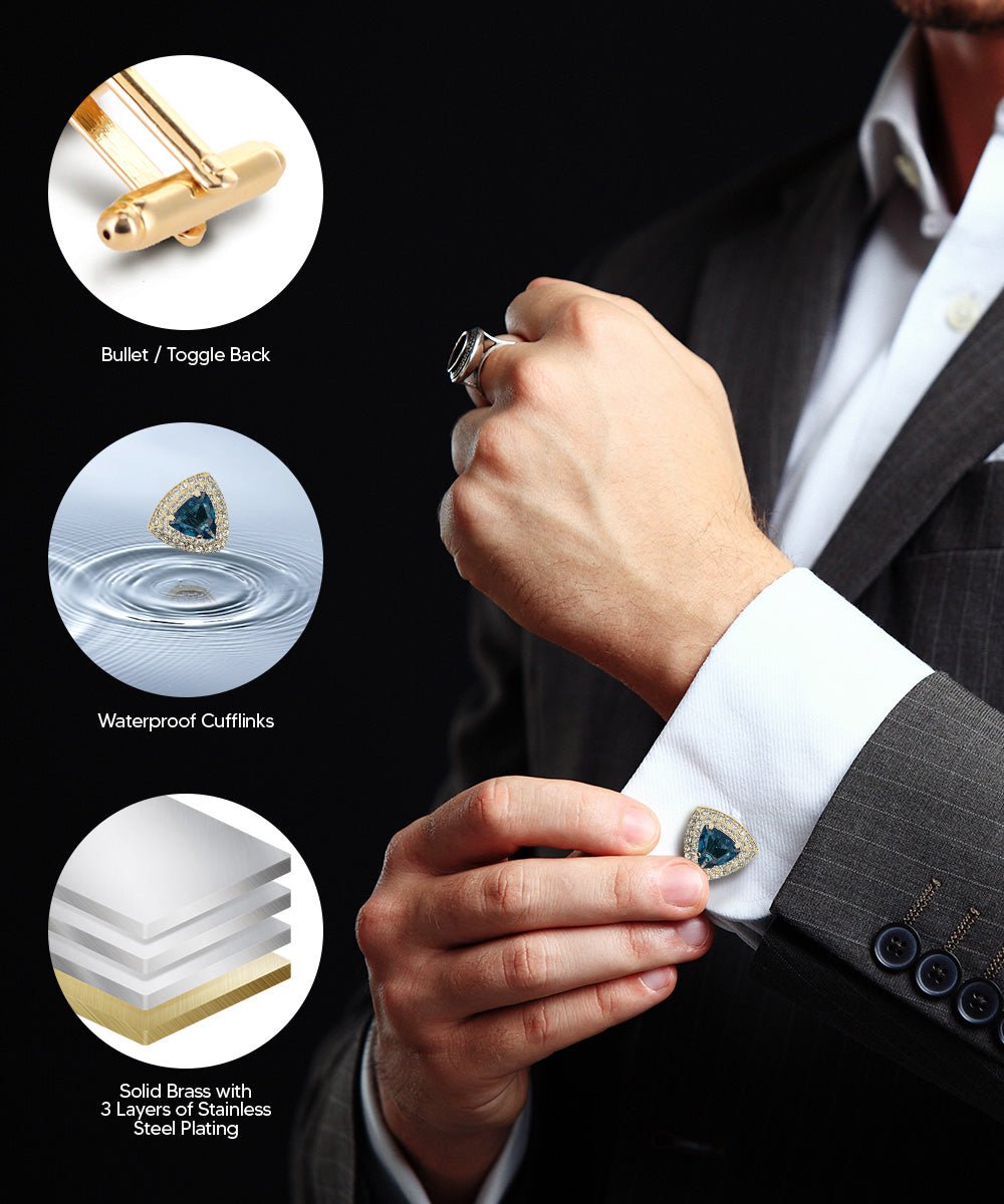 Vittorio Vico Men's Large Triangular Crystal Diamond Set Cufflinks: CL72XX Series - Suits You Sir - Navy Blue and Gold -