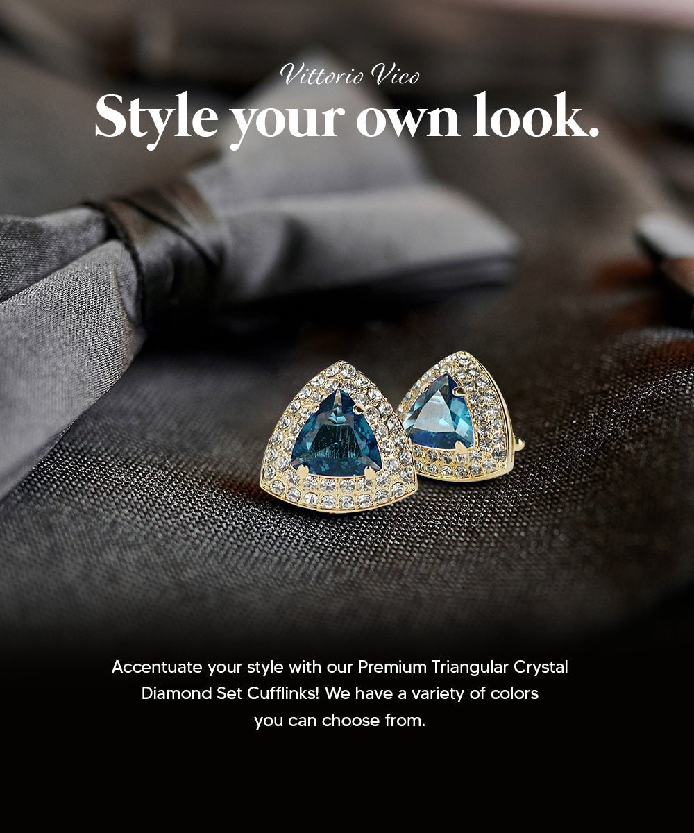 Vittorio Vico Men's Large Triangular Crystal Diamond Set Cufflinks: CL72XX Series - Suits You Sir - Navy Blue and Gold -