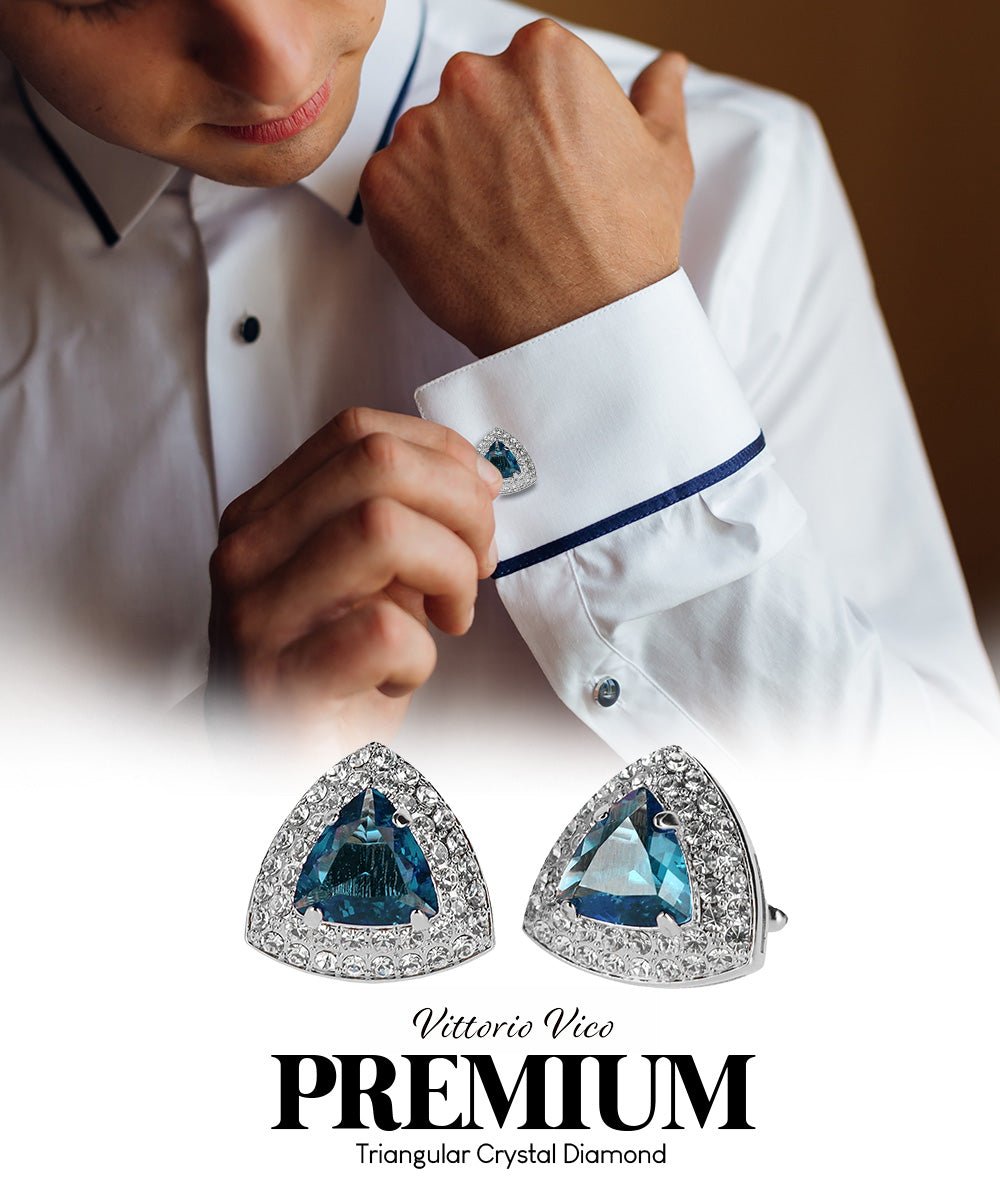 Vittorio Vico Men's Large Triangular Crystal Diamond Set Cufflinks: CL72XX Series - Suits You Sir - Navy Blule and Silver -