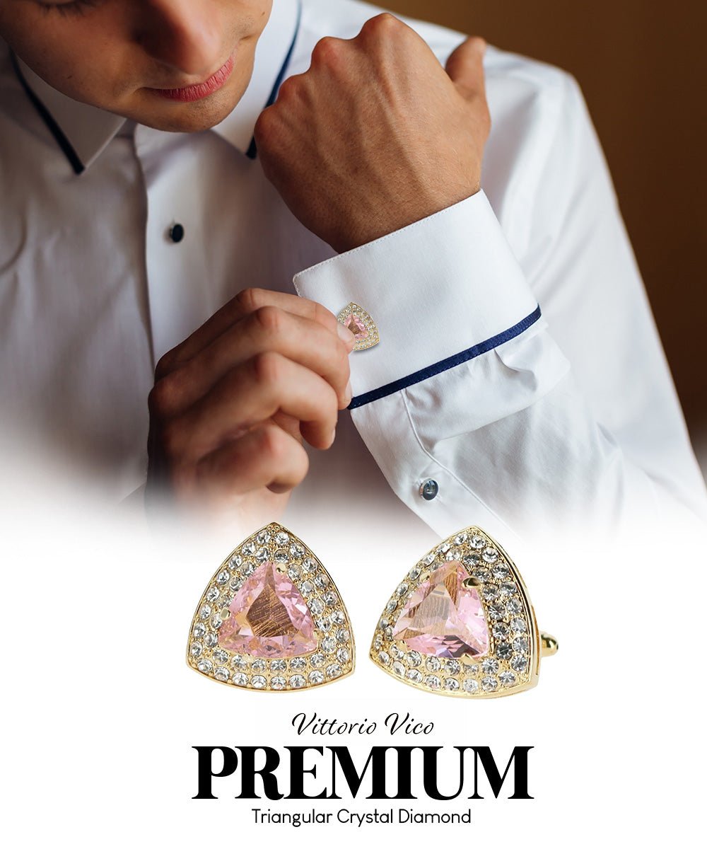Vittorio Vico Men's Large Triangular Crystal Diamond Set Cufflinks: CL72XX Series - Suits You Sir - Pink and Gold -
