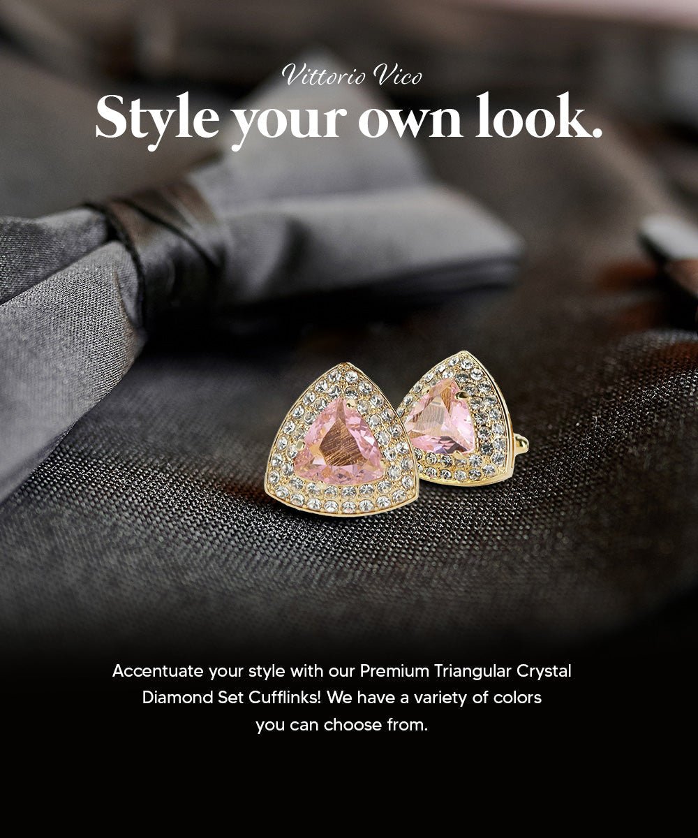 Vittorio Vico Men's Large Triangular Crystal Diamond Set Cufflinks: CL72XX Series - Suits You Sir - Pink and Gold -