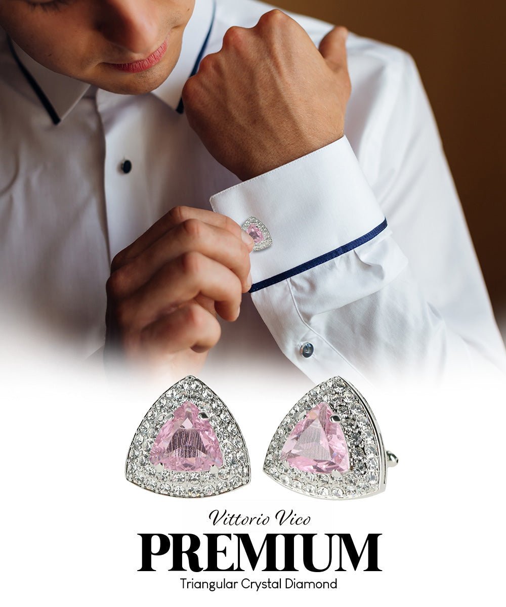 Vittorio Vico Men's Large Triangular Crystal Diamond Set Cufflinks: CL72XX Series - Suits You Sir - Pink and Silver -