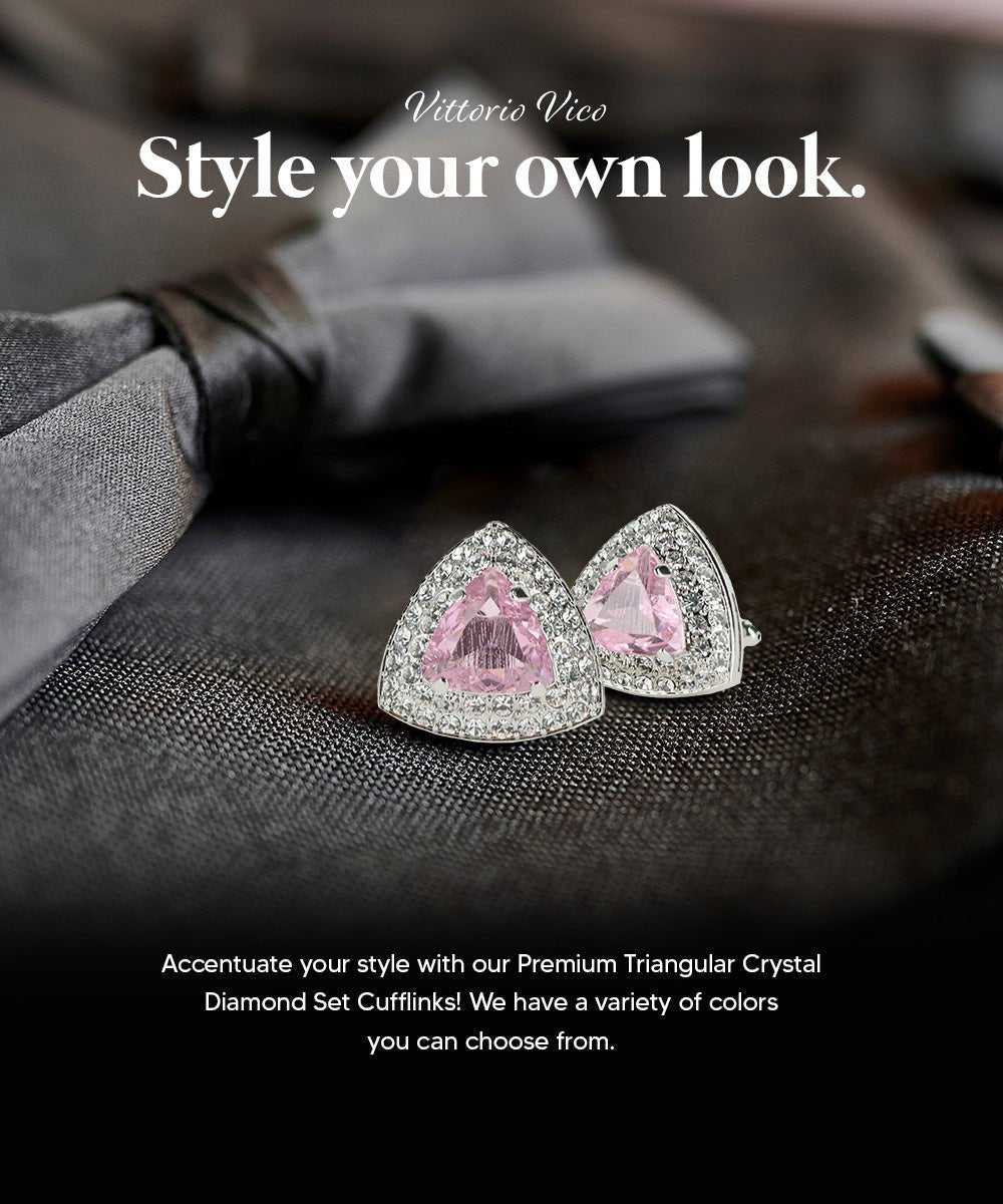 Vittorio Vico Men's Large Triangular Crystal Diamond Set Cufflinks: CL72XX Series - Suits You Sir - Pink and Silver -
