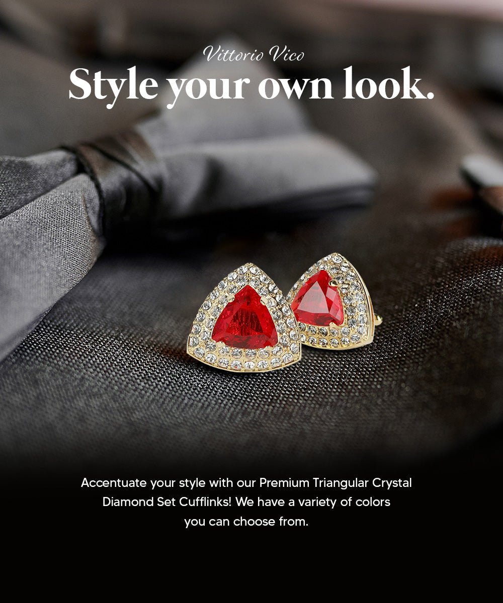 Vittorio Vico Men's Large Triangular Crystal Diamond Set Cufflinks: CL72XX Series - Suits You Sir - Red and Gold -
