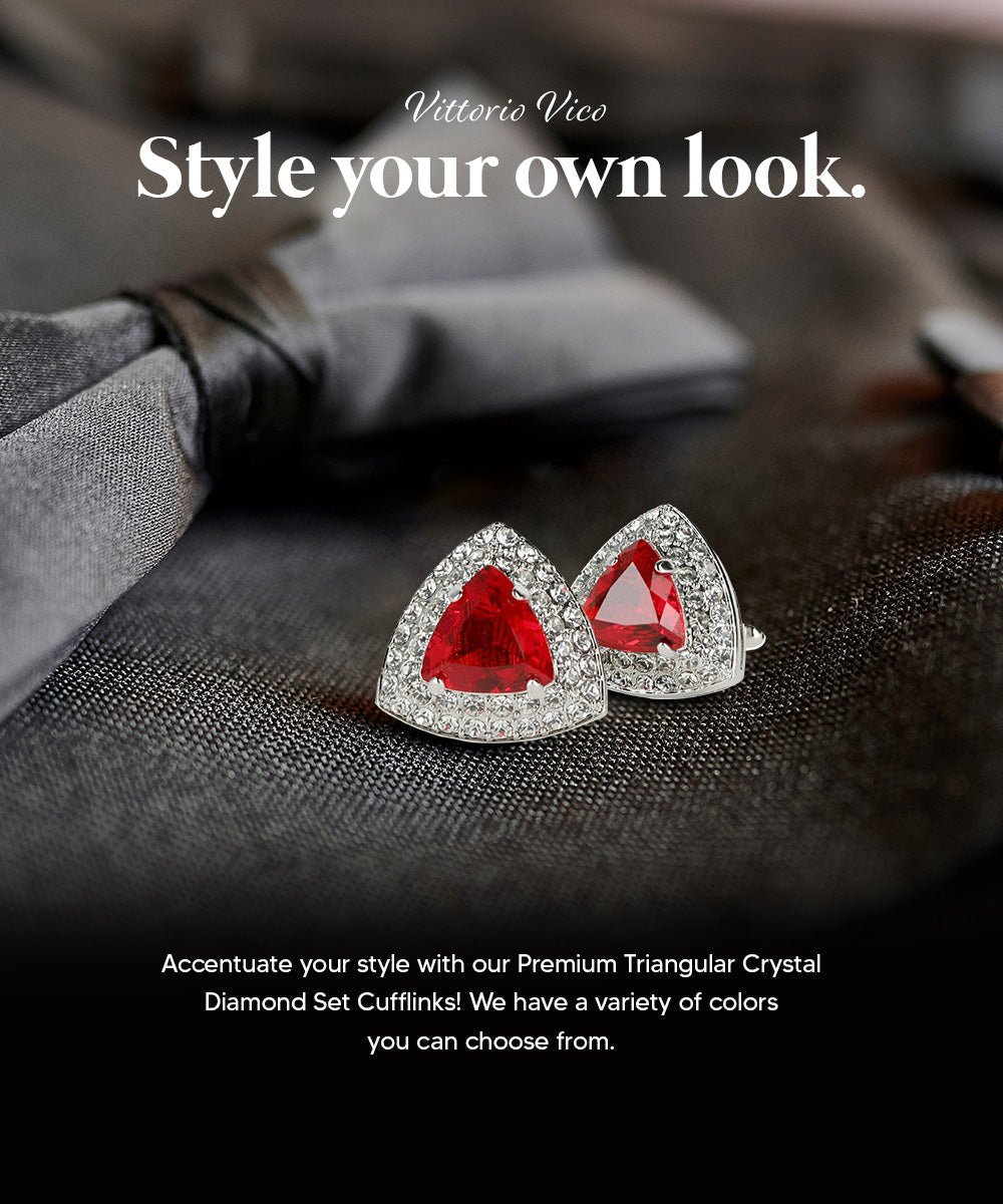 Vittorio Vico Men's Large Triangular Crystal Diamond Set Cufflinks: CL72XX Series - Suits You Sir - Red and Silver -