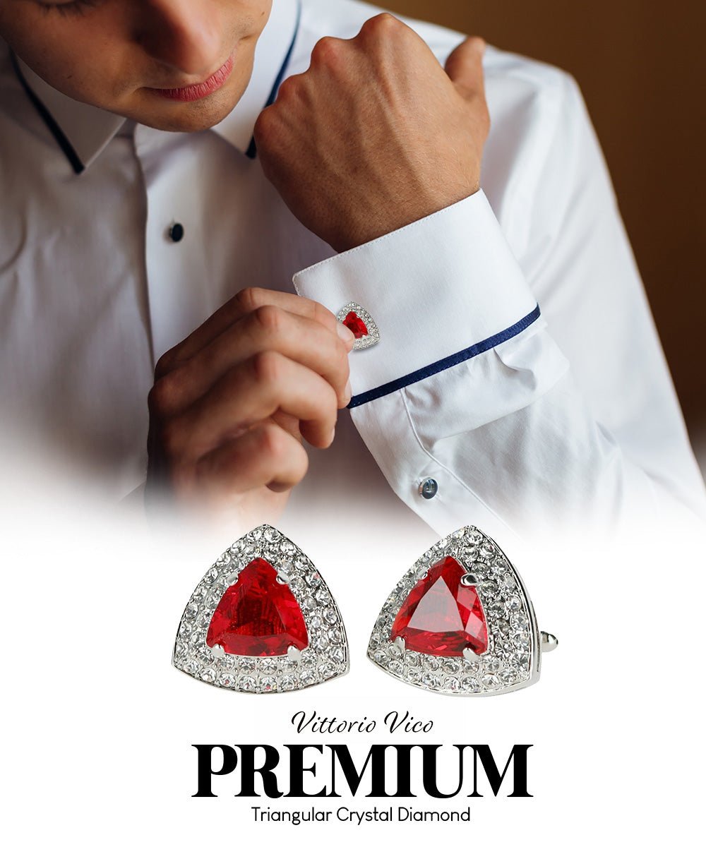 Vittorio Vico Men's Large Triangular Crystal Diamond Set Cufflinks: CL72XX Series - Suits You Sir - Red and Silver -