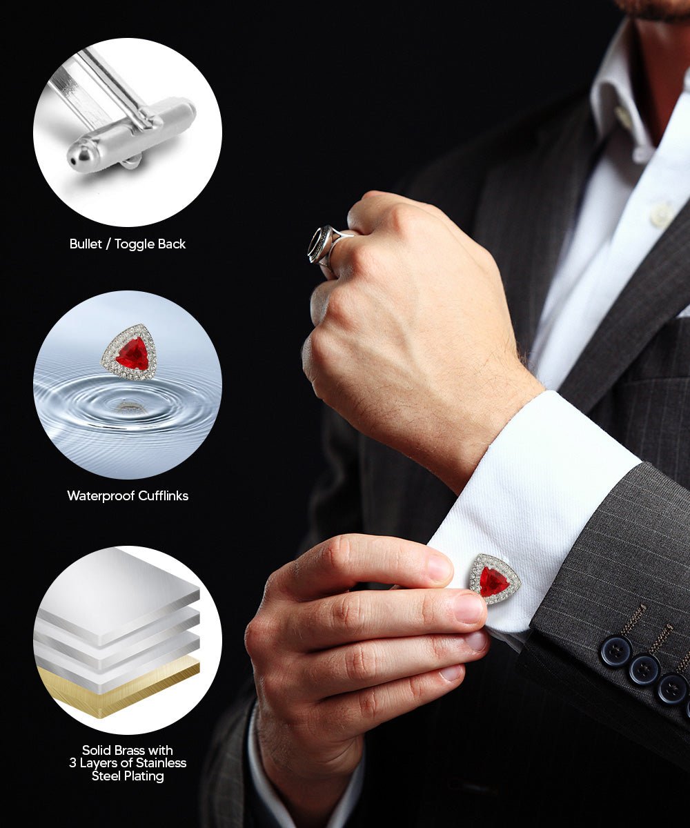 Vittorio Vico Men's Large Triangular Crystal Diamond Set Cufflinks: CL72XX Series - Suits You Sir - Red and Silver -