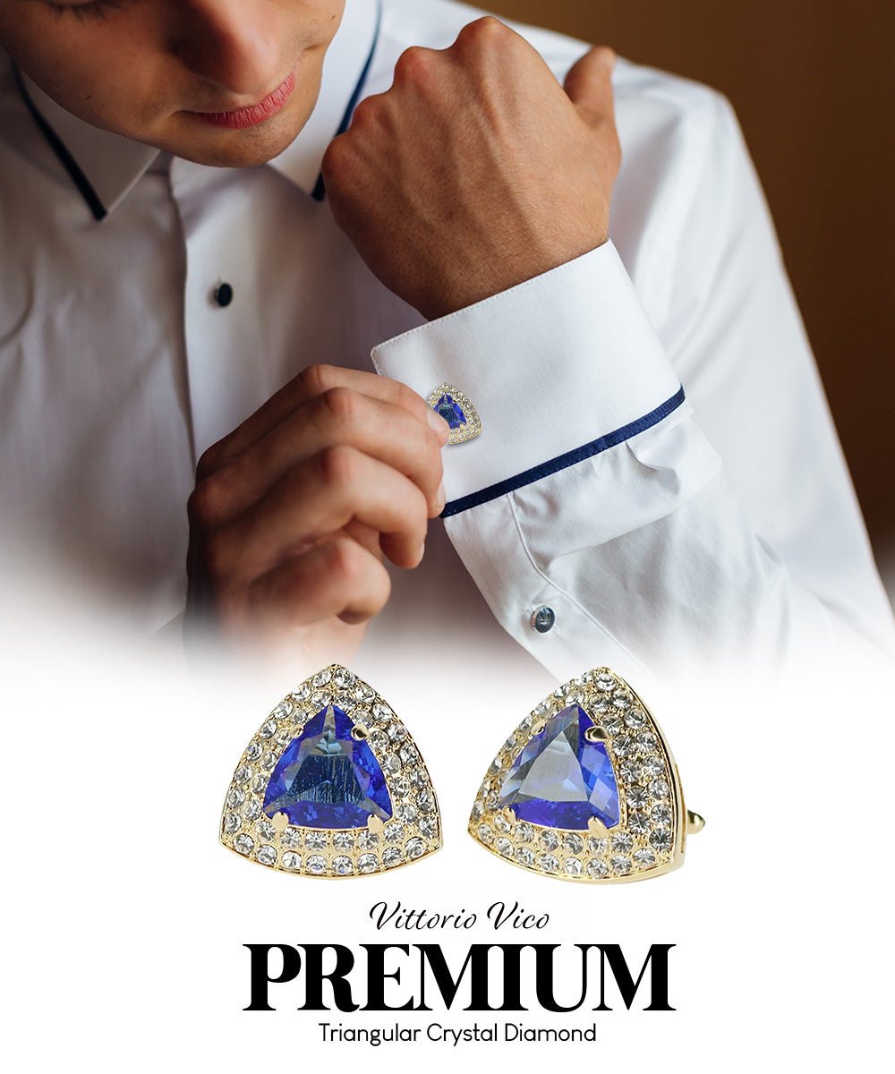 Vittorio Vico Men's Large Triangular Crystal Diamond Set Cufflinks: CL72XX Series - Suits You Sir - Royal Blue and Gold -