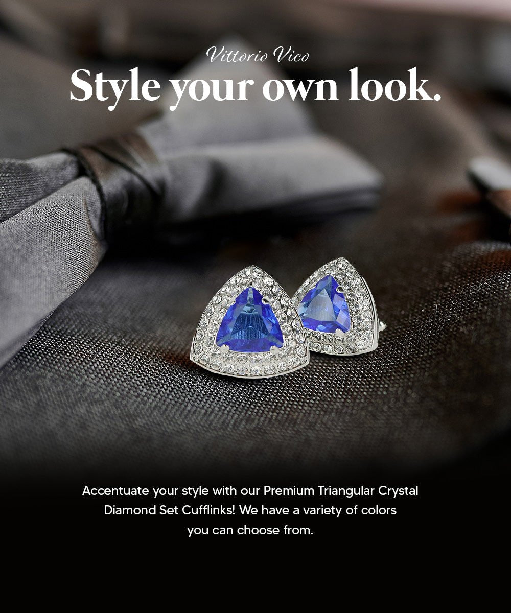 Vittorio Vico Men's Large Triangular Crystal Diamond Set Cufflinks: CL72XX Series - Suits You Sir - Royal Blue and Silver -
