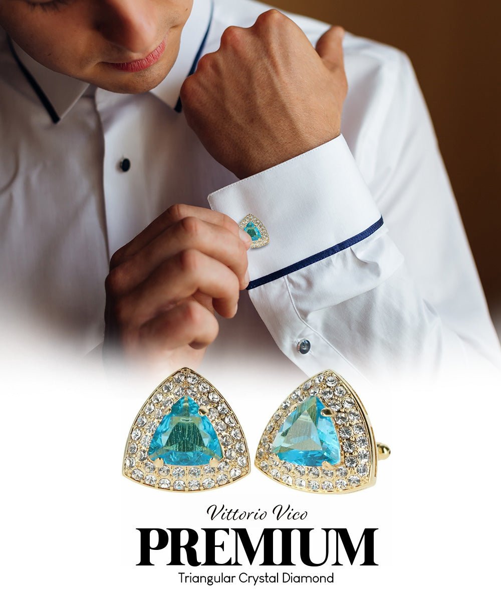 Vittorio Vico Men's Large Triangular Crystal Diamond Set Cufflinks: CL72XX Series - Suits You Sir - Turquoise and Gold -