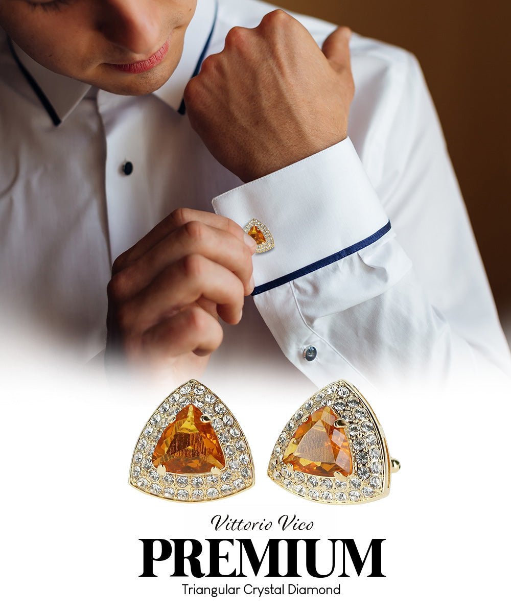 Vittorio Vico Men's Large Triangular Crystal Diamond Set Cufflinks: CL72XX Series - Suits You Sir - Yellow and Gold -