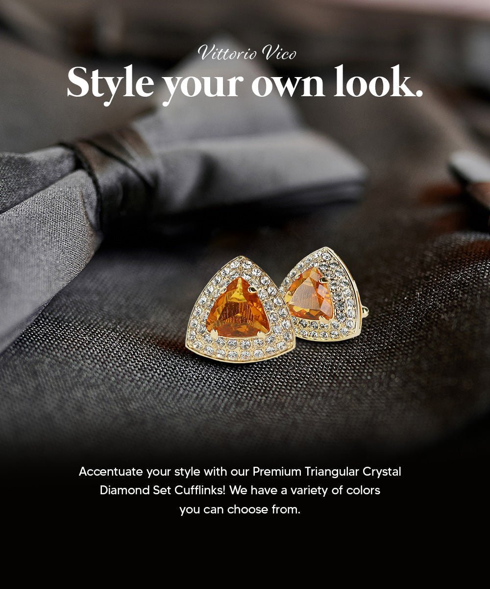 Vittorio Vico Men's Large Triangular Crystal Diamond Set Cufflinks: CL72XX Series - Suits You Sir - Yellow and Gold -