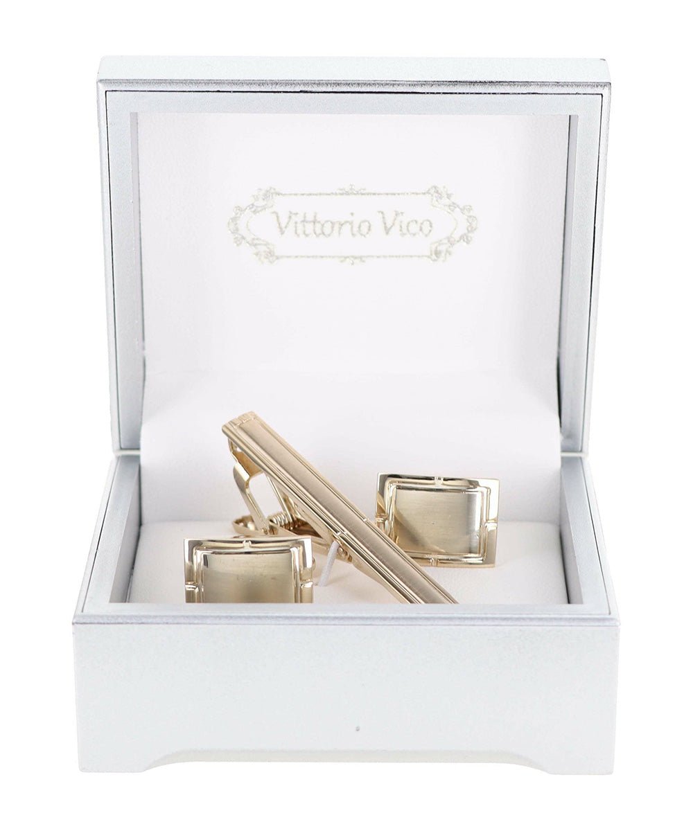 Vittorio Vico Plain Gold Cufflink & Tie Bar Set in Gift Box - Suits You Sir - CLTB 419 -