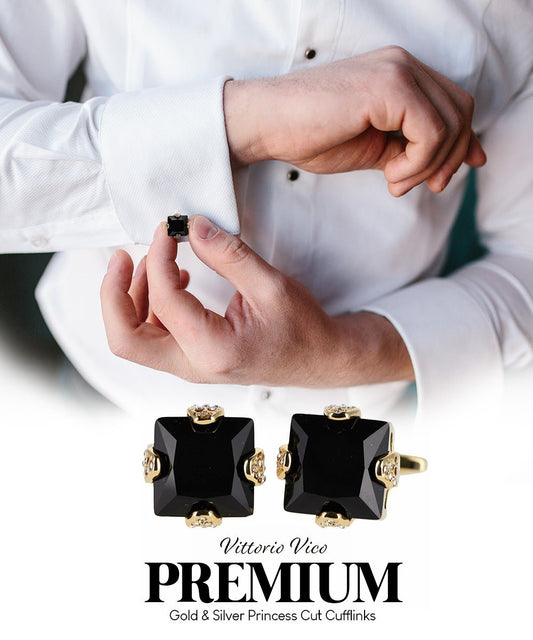 Vittorio Vico Princess Cut Colorstone Cufflinks: CL13XX Series - Suits You Sir - Black and Gold -