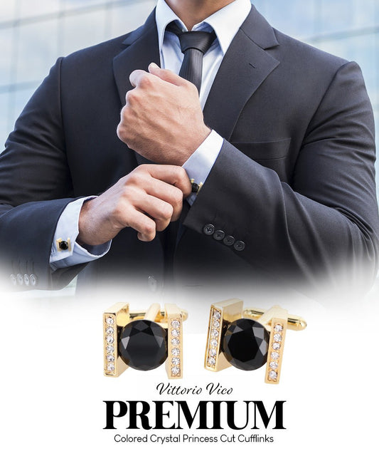Vittorio Vico Princess Cut Crystal Colorstone Cufflinks: CL14XX Series - Suits You Sir - Black and Gold -