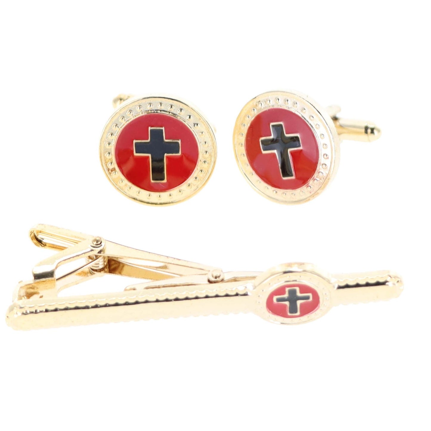 Vittorio Vico Religious Cufflink & Tie Bar Set in Gift Box - Suits You Sir - Black Cross in Red Background and Gold Setting -