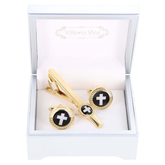 Vittorio Vico Religious Cufflink & Tie Bar Set in Gift Box - Suits You Sir - Black Cross in Red Background and Gold Setting -