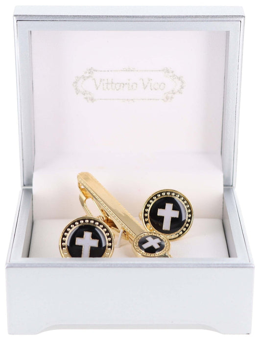 Vittorio Vico Religious Cufflink & Tie Bar Set in Gift Box - Suits You Sir - Black Cross in Red Background and Gold Setting -