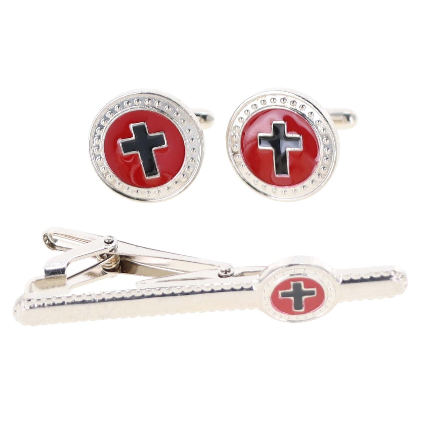 Vittorio Vico Religious Cufflink & Tie Bar Set in Gift Box - Suits You Sir - Black Cross in Red Background and Silver Setting -