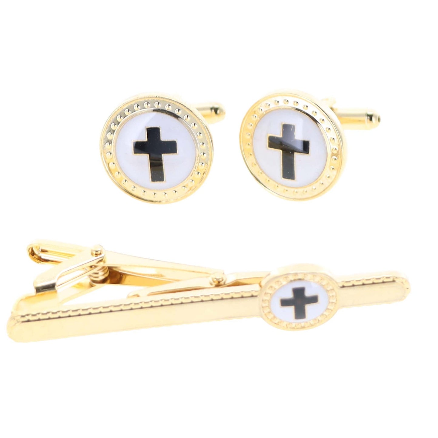 Vittorio Vico Religious Cufflink & Tie Bar Set in Gift Box - Suits You Sir - Black Cross in White Background and Gold Setting -