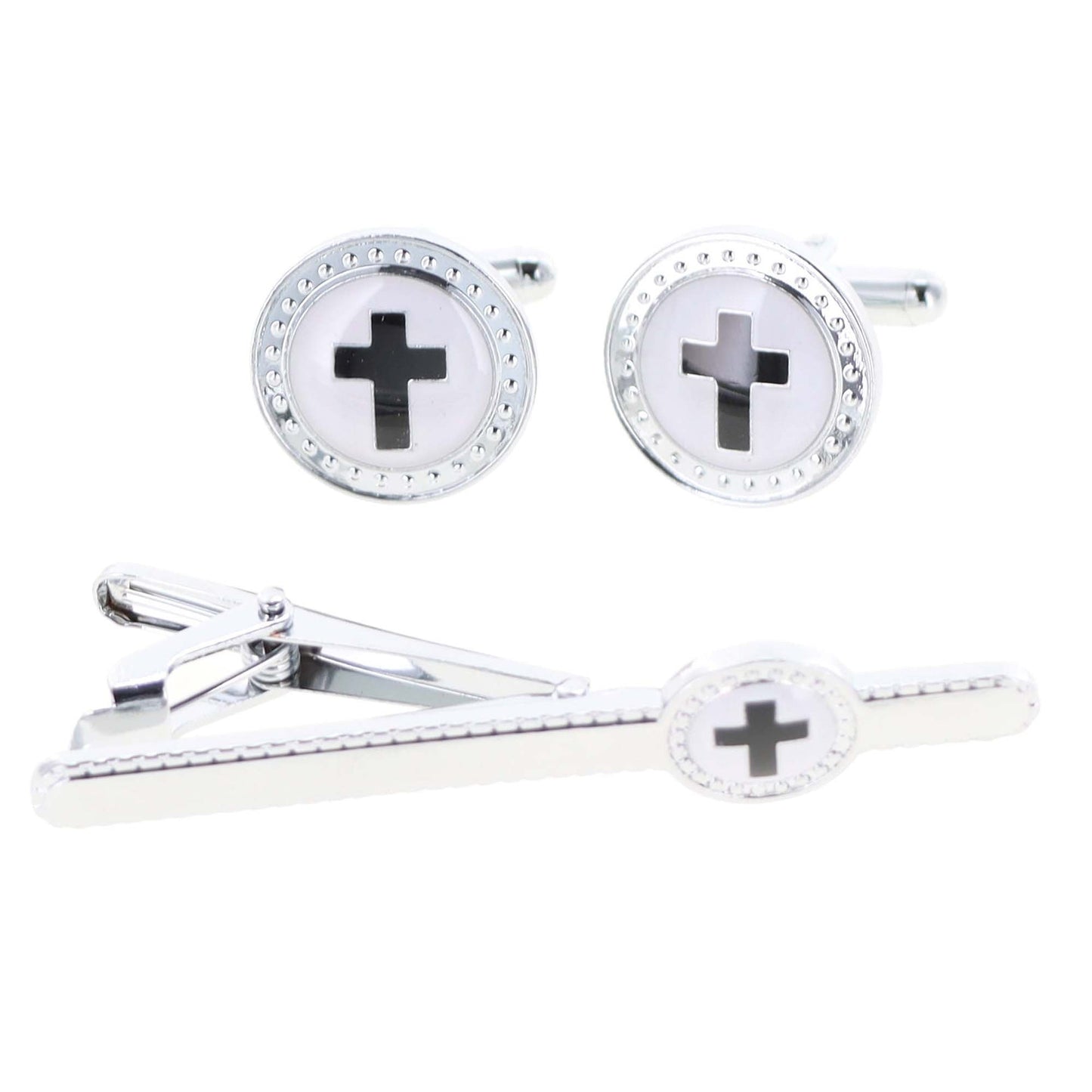 Vittorio Vico Religious Cufflink & Tie Bar Set in Gift Box - Suits You Sir - Black Cross in White Background and Silver Setting -