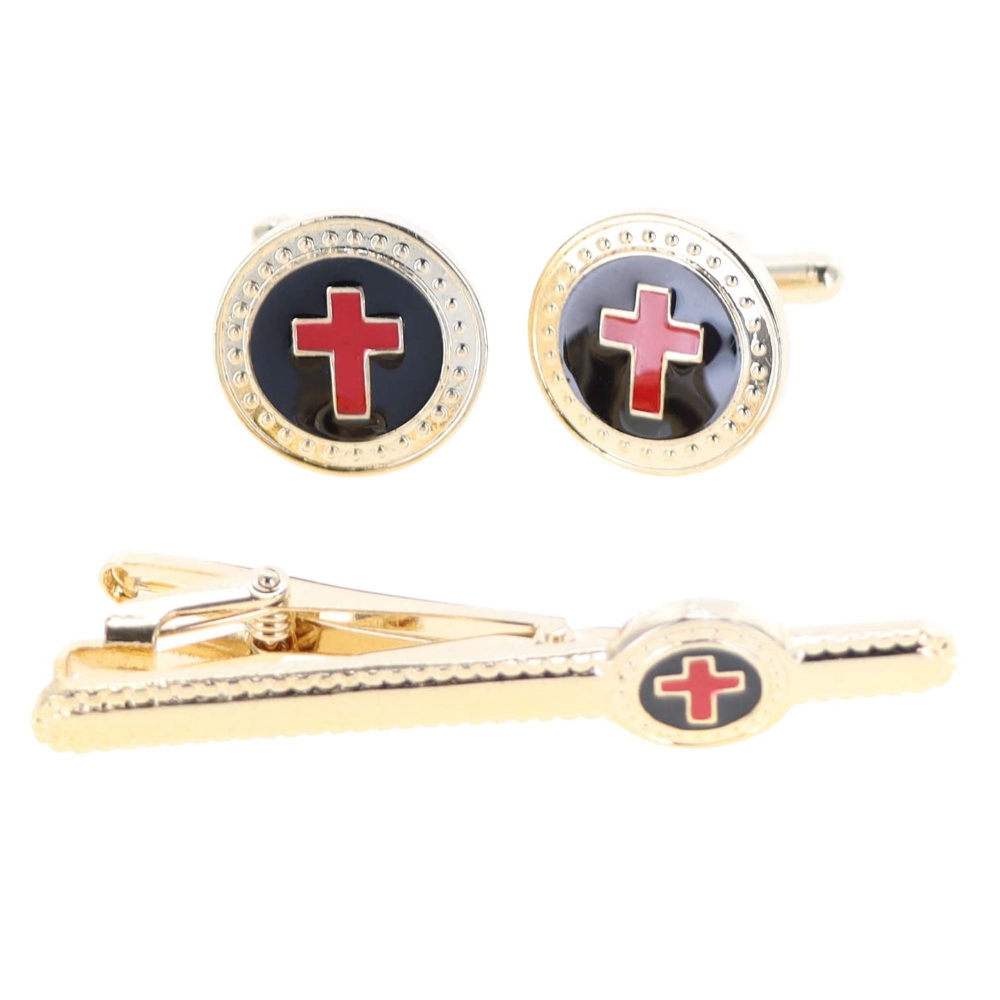 Vittorio Vico Religious Cufflink & Tie Bar Set in Gift Box - Suits You Sir - Red Cross in Black Background and Gold Setting -