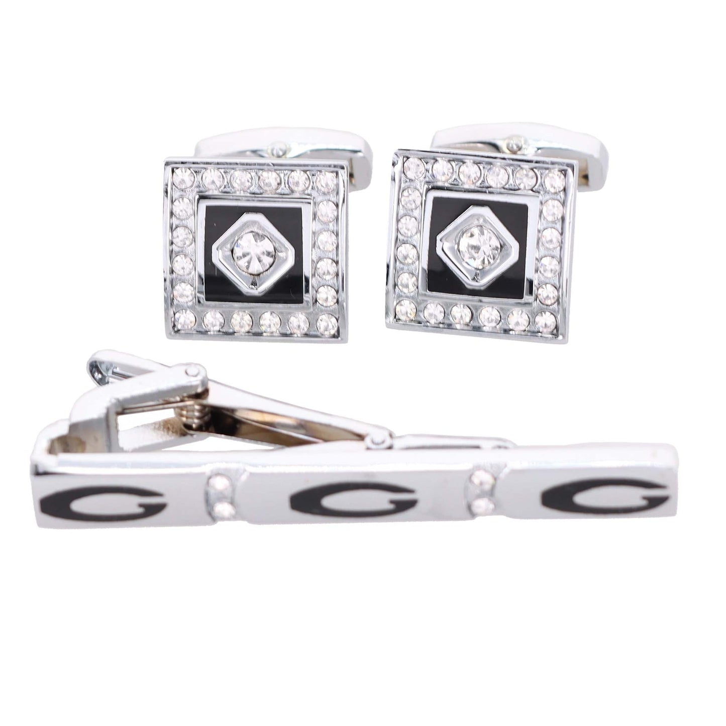Vittorio Vico Silver Rhinestone Cufflink & Tie Bar Set in Gift Box - Suits You Sir - CR - 047 -