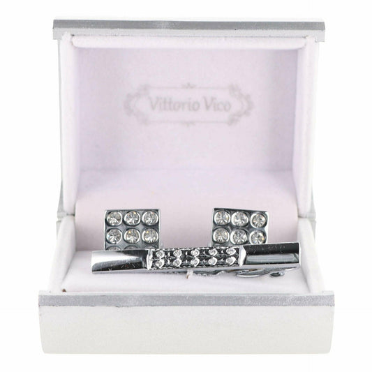 Vittorio Vico Silver Rhinestone Cufflink & Tie Bar Set in Gift Box - Suits You Sir - Silver -