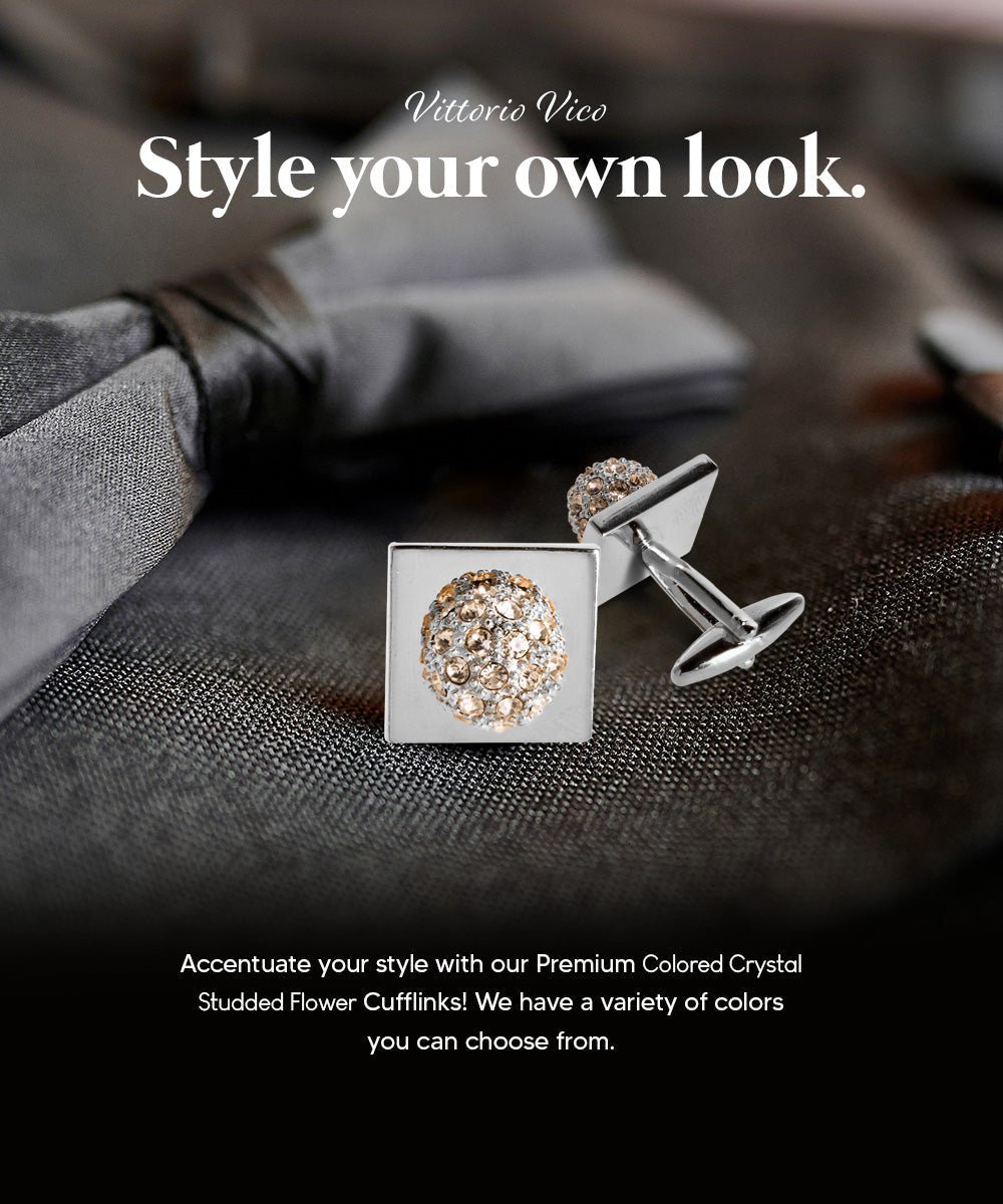 Vittorio Vico Studded Colorstone Crystal Flower Cufflinks: CL12XX Series - Suits You Sir - Beige and Silver -