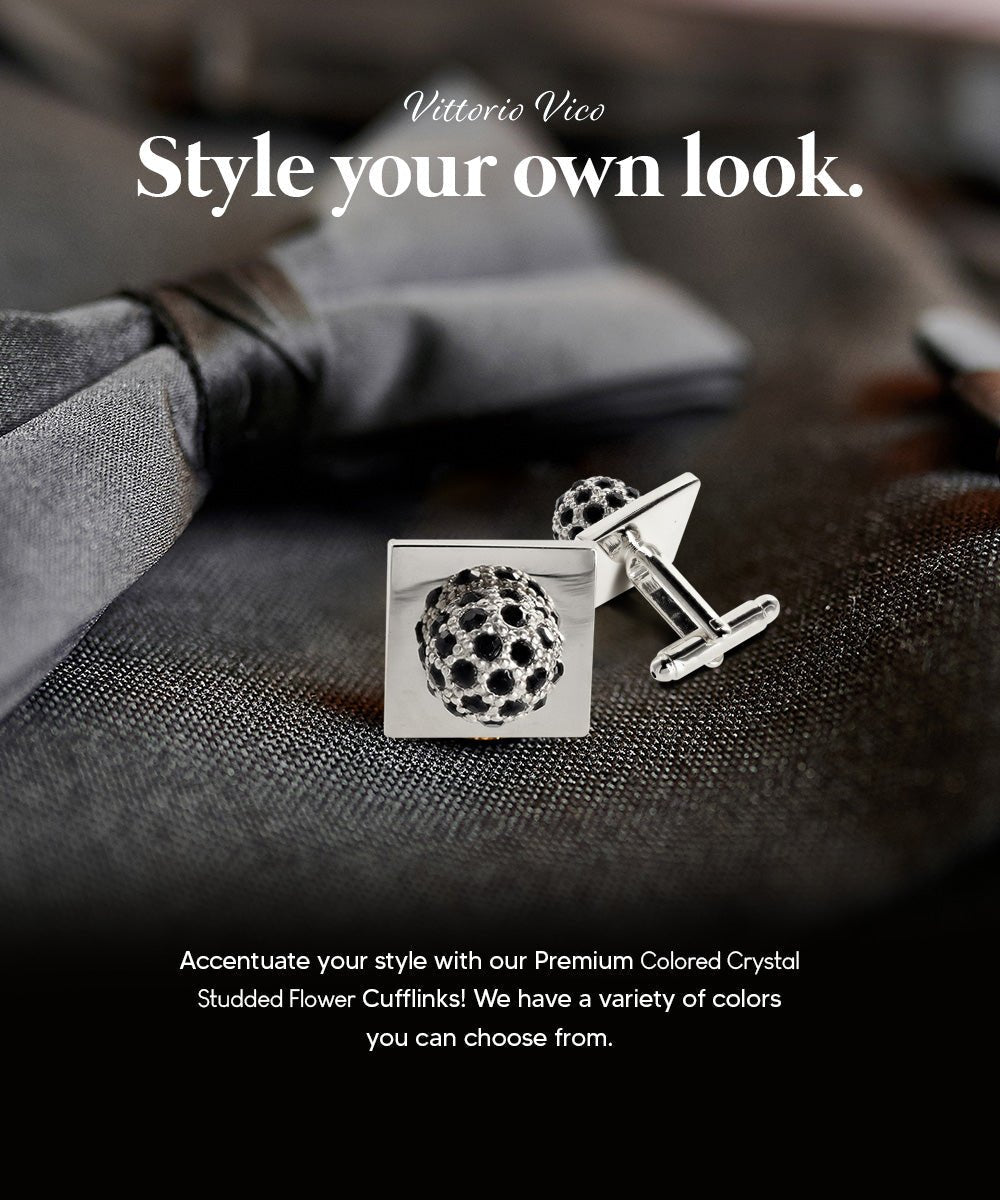 Vittorio Vico Studded Colorstone Crystal Flower Cufflinks: CL12XX Series - Suits You Sir - Black and Silver -