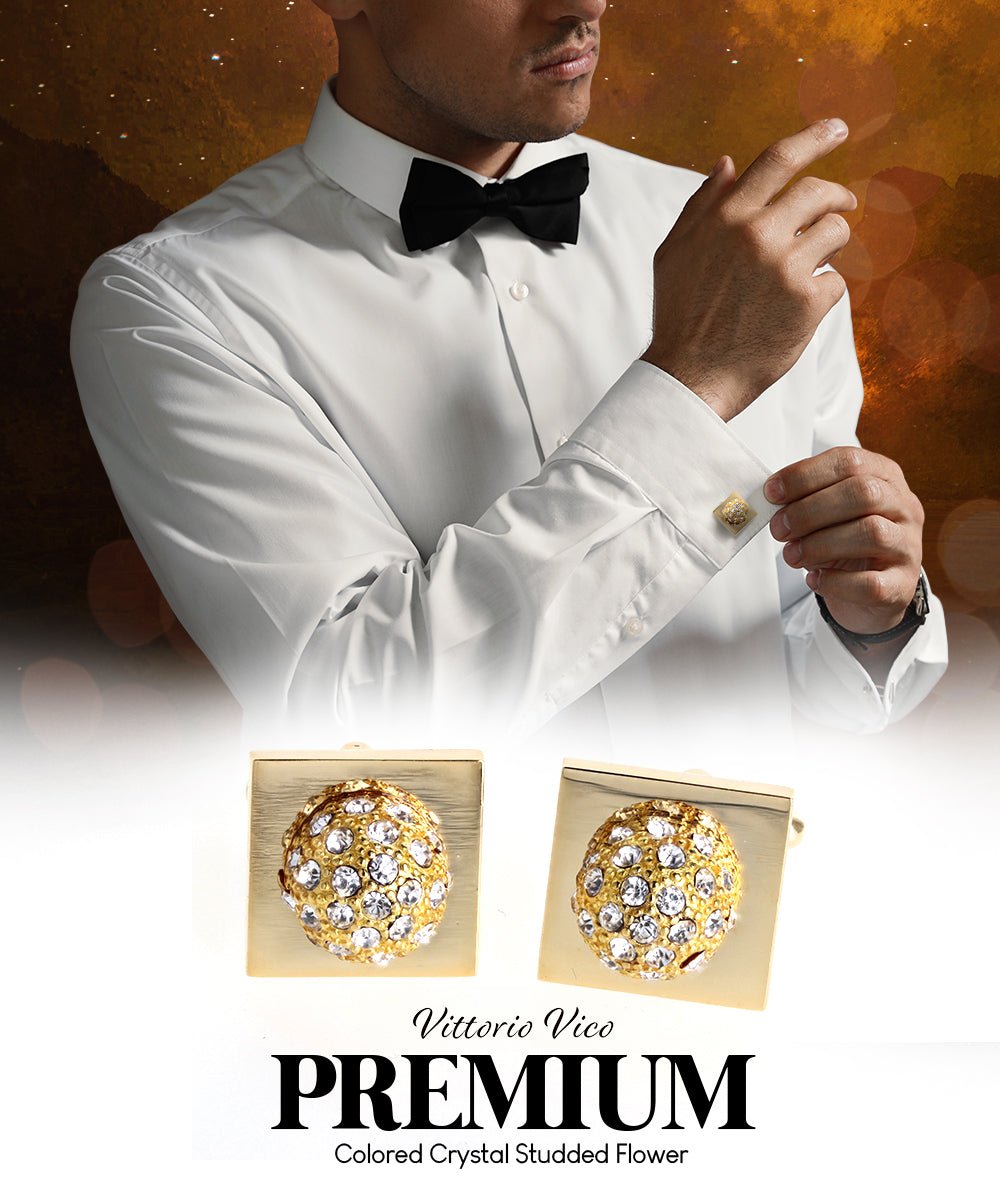 Vittorio Vico Studded Colorstone Crystal Flower Cufflinks: CL12XX Series - Suits You Sir - Clear and Gold -