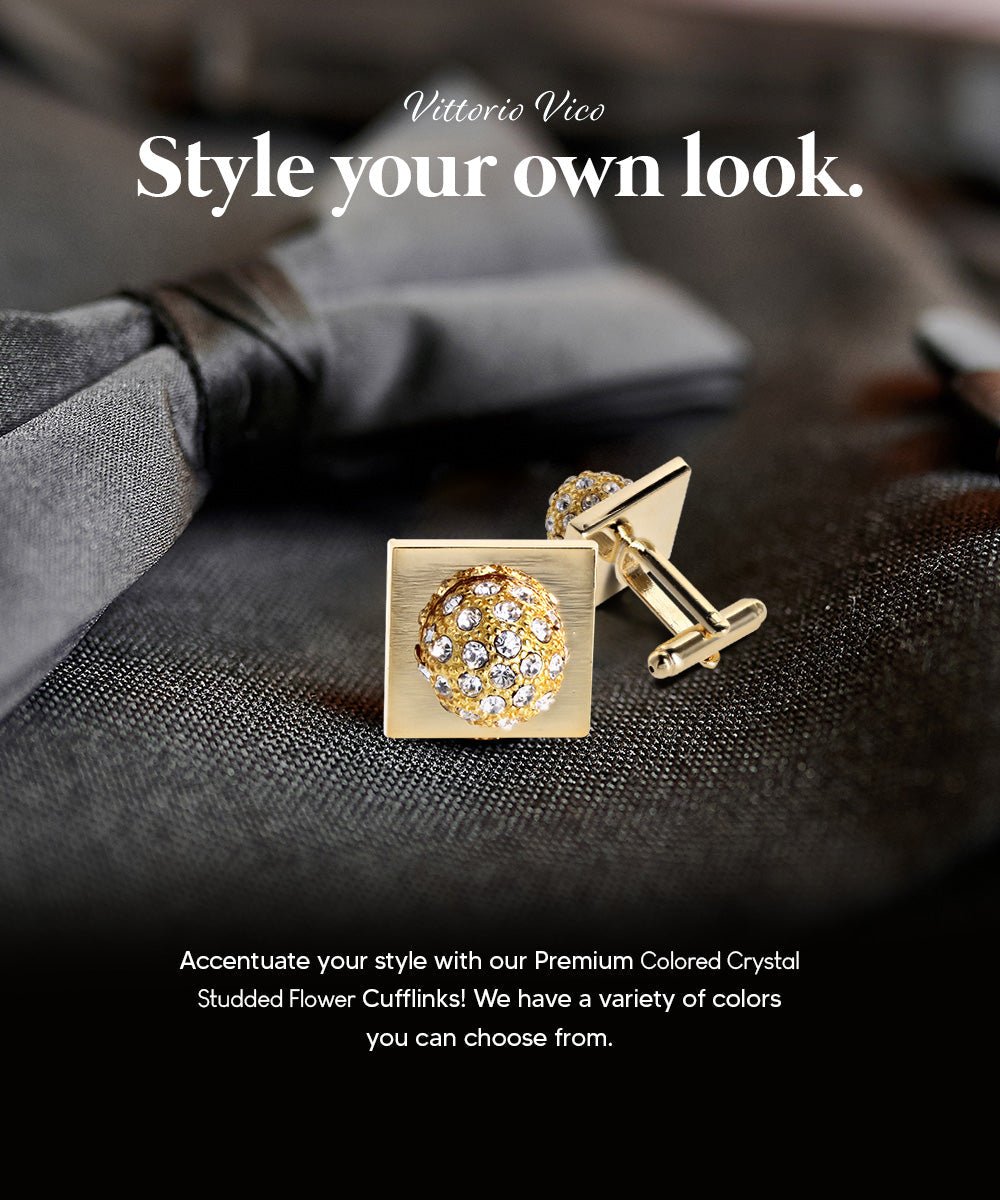 Vittorio Vico Studded Colorstone Crystal Flower Cufflinks: CL12XX Series - Suits You Sir - Clear and Gold -