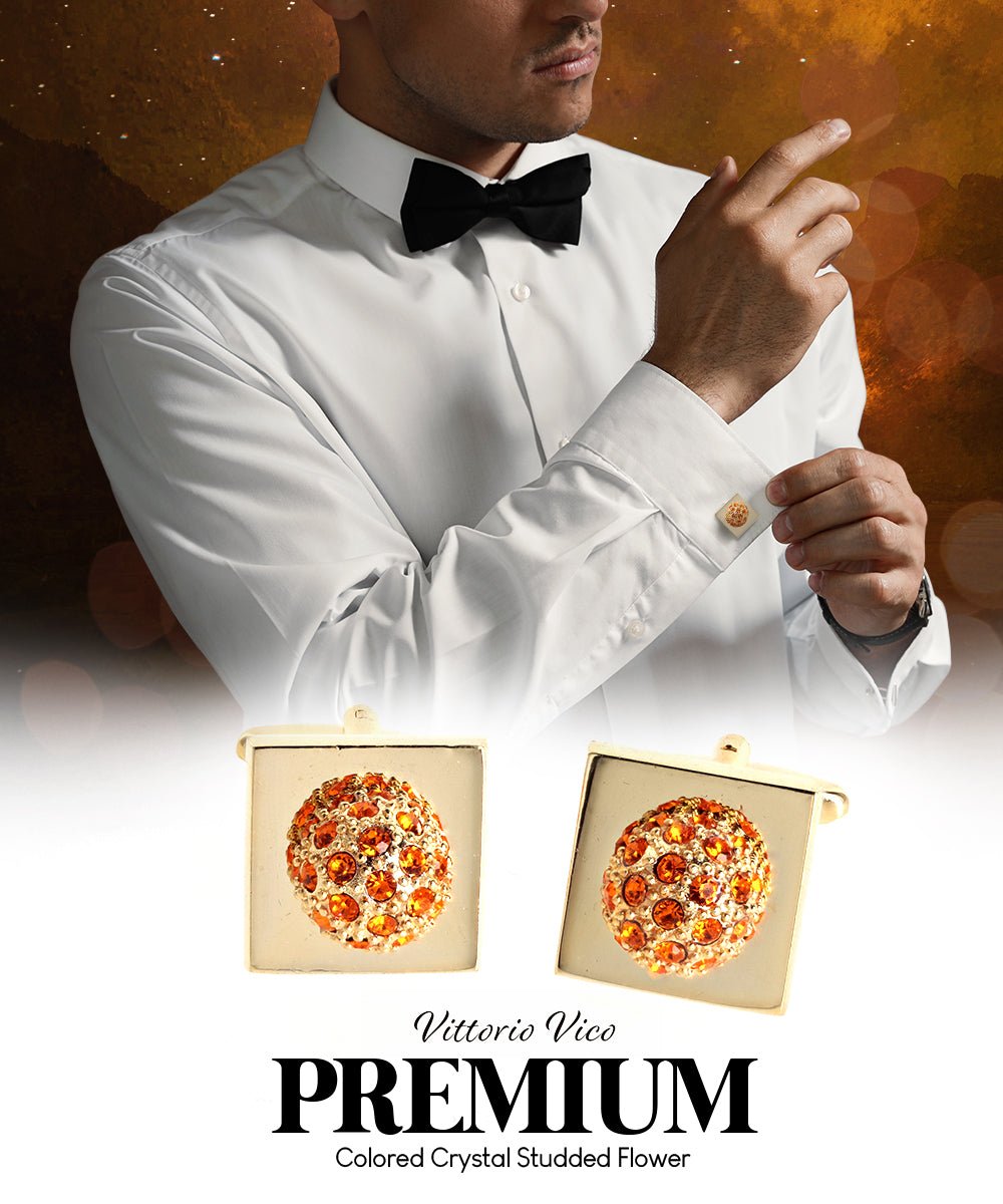 Vittorio Vico Studded Colorstone Crystal Flower Cufflinks: CL12XX Series - Suits You Sir - Orange and Gold -
