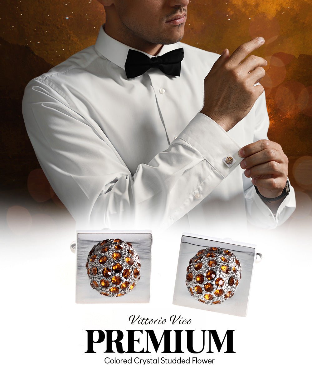 Vittorio Vico Studded Colorstone Crystal Flower Cufflinks: CL12XX Series - Suits You Sir - Orange and Silver -