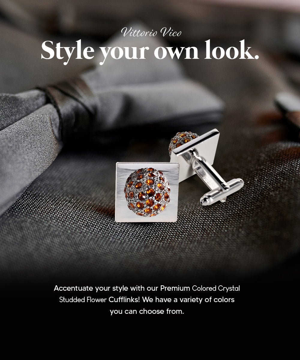 Vittorio Vico Studded Colorstone Crystal Flower Cufflinks: CL12XX Series - Suits You Sir - Orange and Silver -