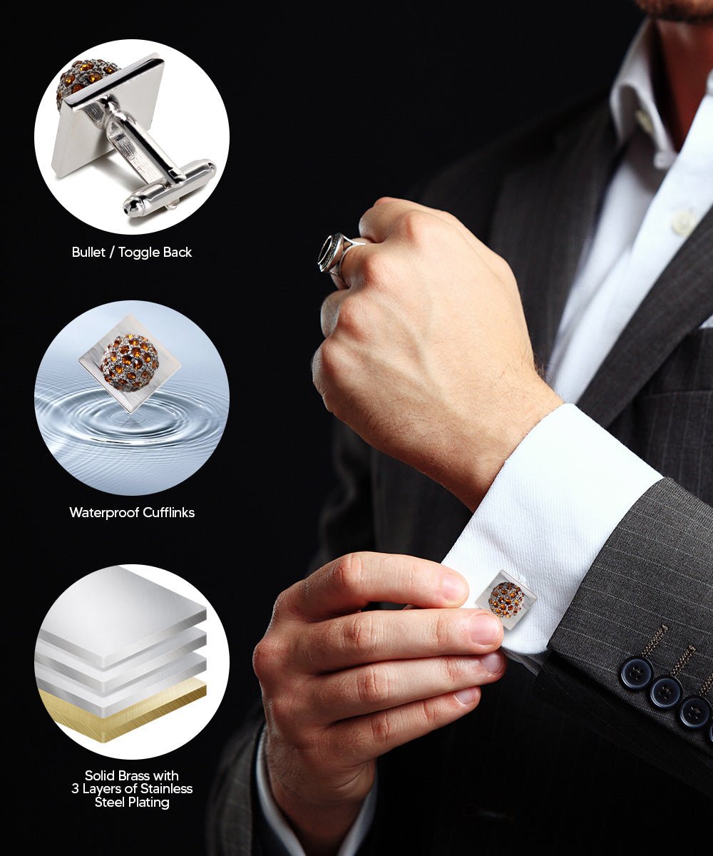 Vittorio Vico Studded Colorstone Crystal Flower Cufflinks: CL12XX Series - Suits You Sir - Orange and Silver -