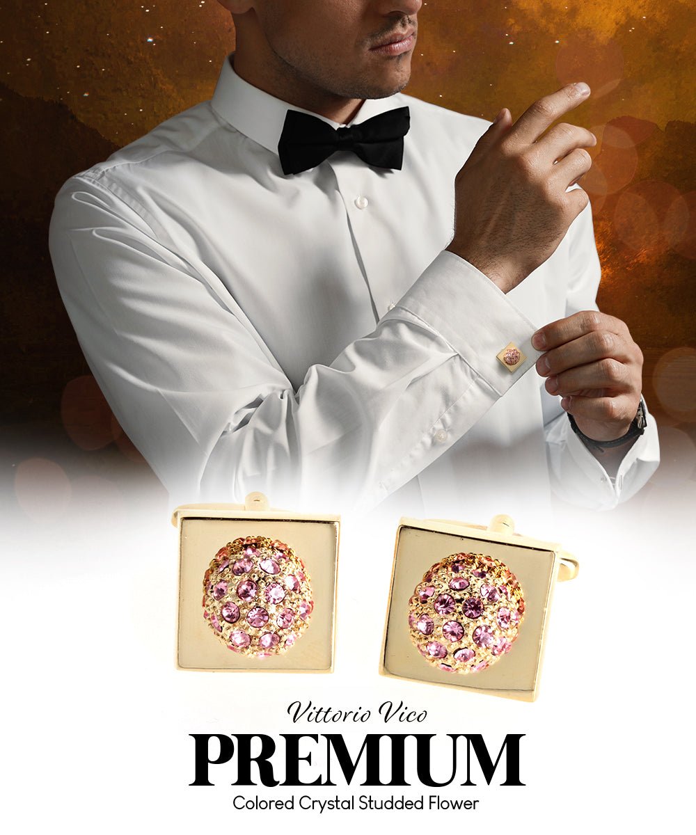 Vittorio Vico Studded Colorstone Crystal Flower Cufflinks: CL12XX Series - Suits You Sir - Pink and Gold -