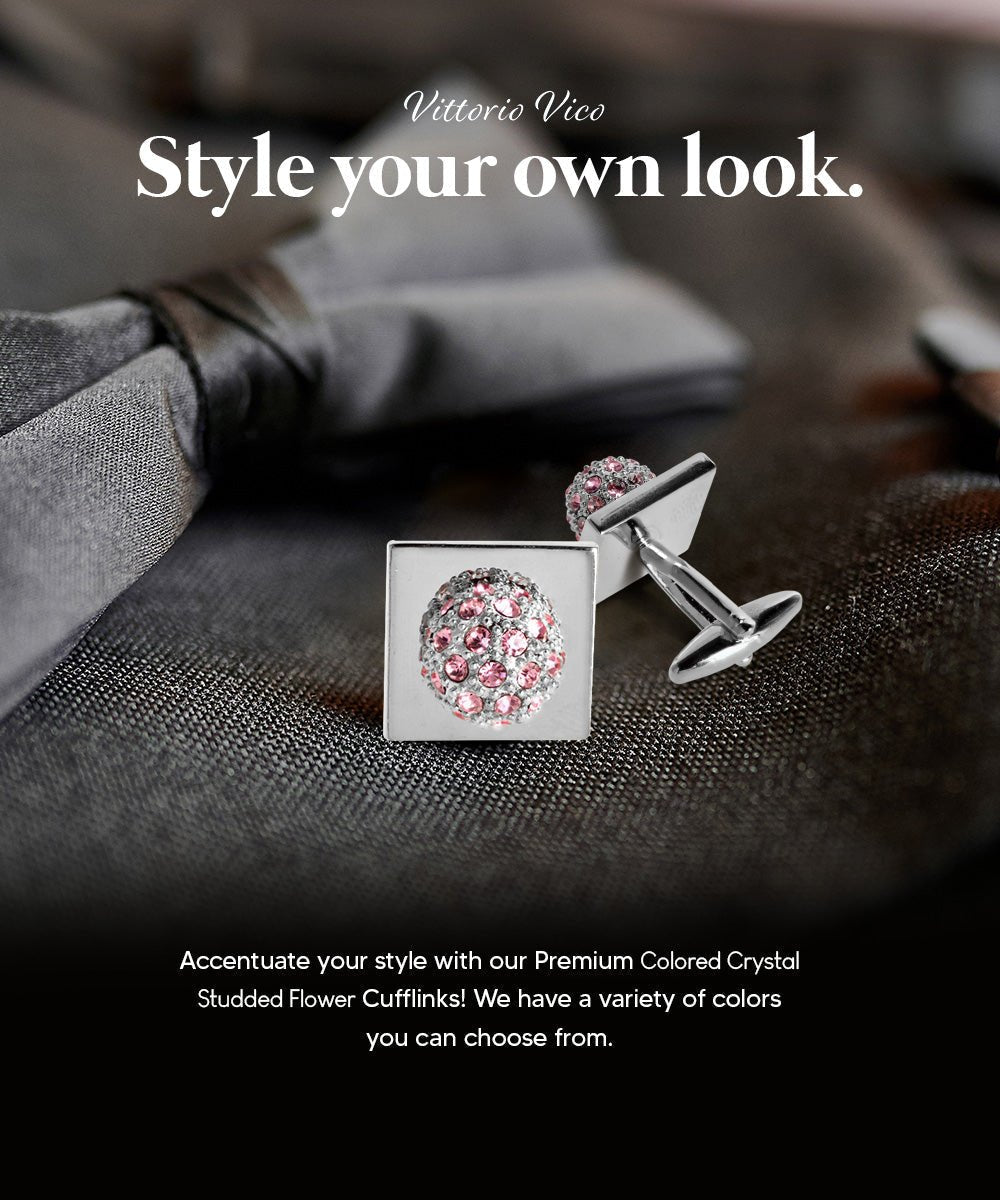 Vittorio Vico Studded Colorstone Crystal Flower Cufflinks: CL12XX Series - Suits You Sir - Pink and Silver -