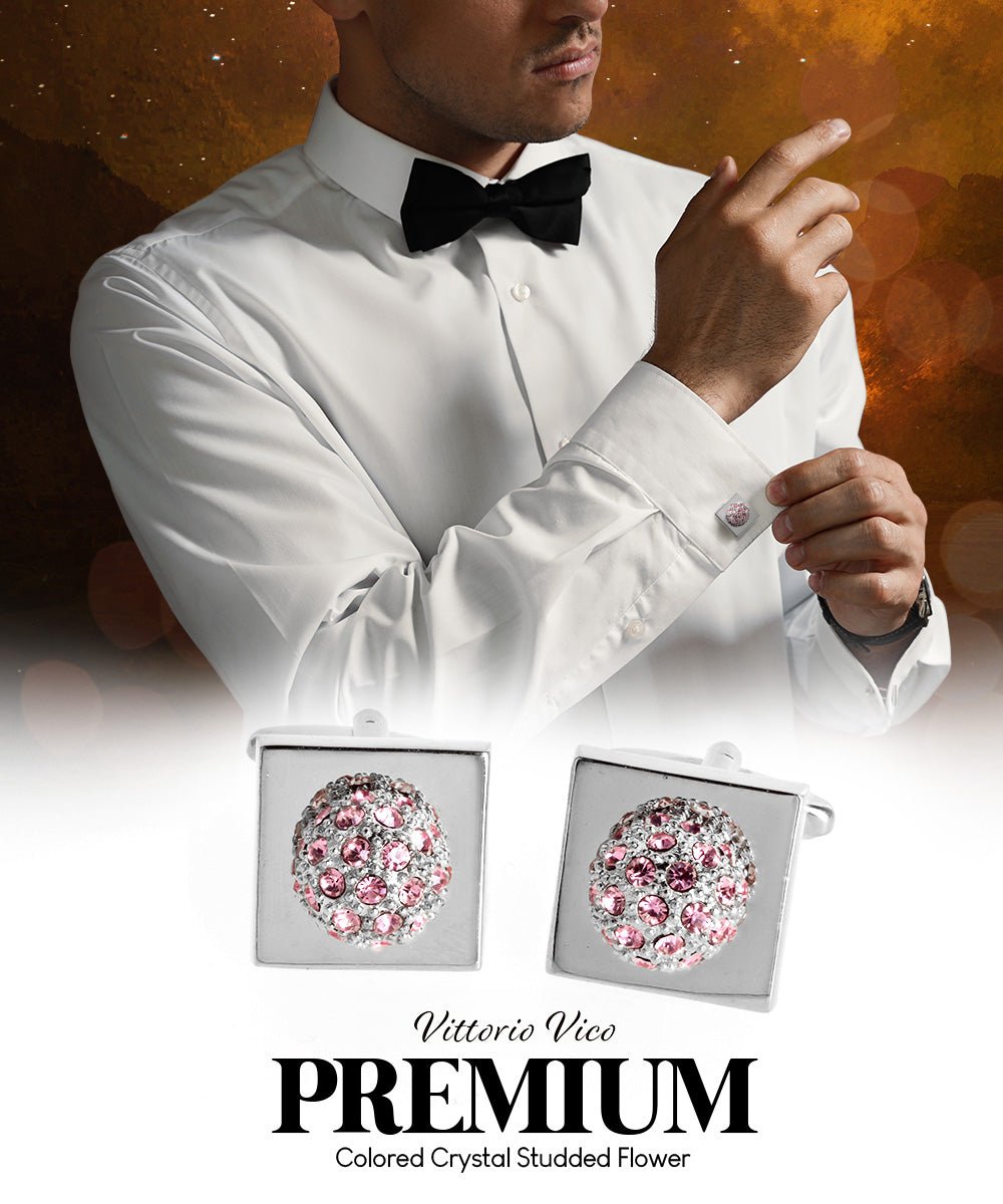 Vittorio Vico Studded Colorstone Crystal Flower Cufflinks: CL12XX Series - Suits You Sir - Pink and Silver -