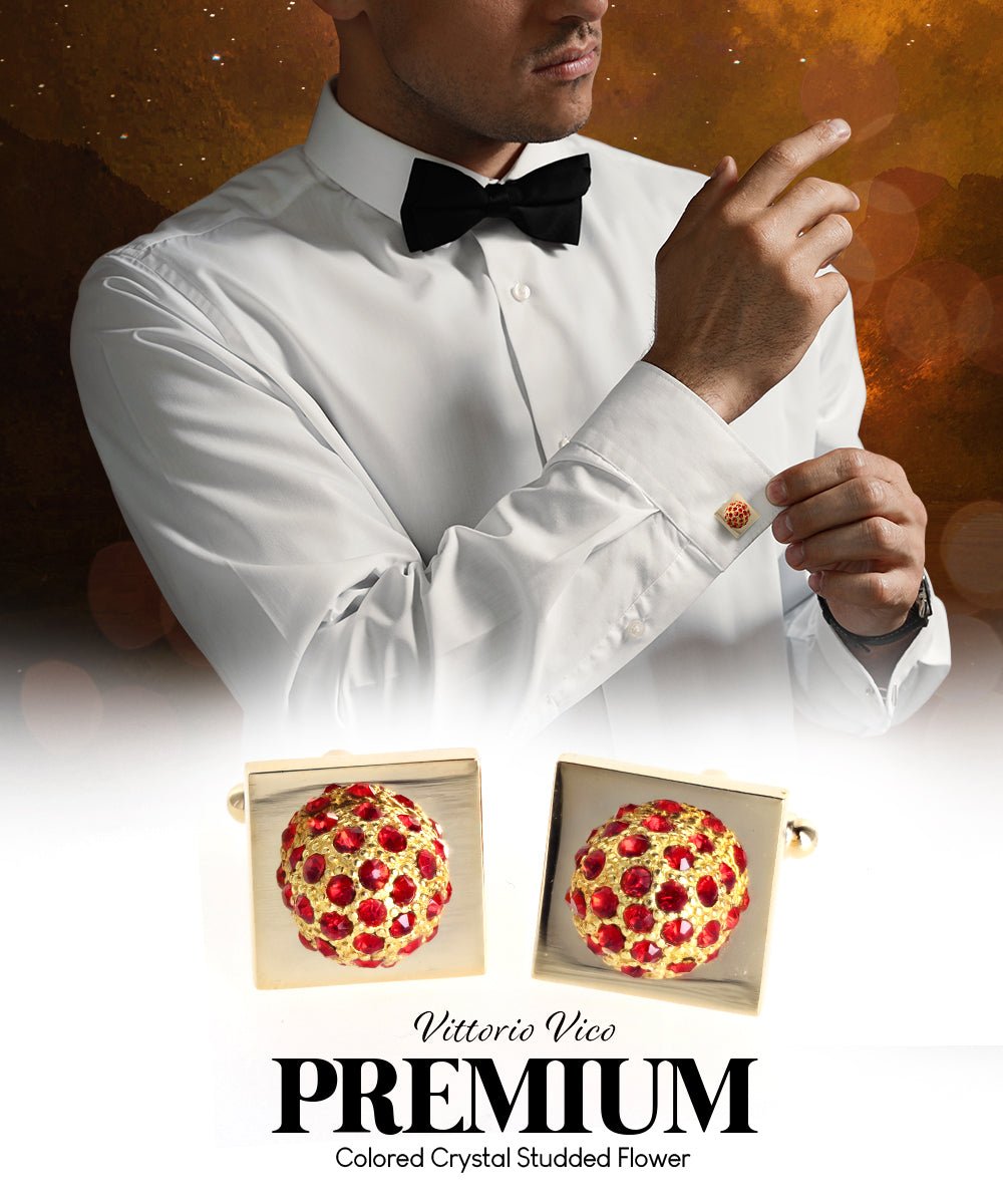 Vittorio Vico Studded Colorstone Crystal Flower Cufflinks: CL12XX Series - Suits You Sir - Red and Gold -