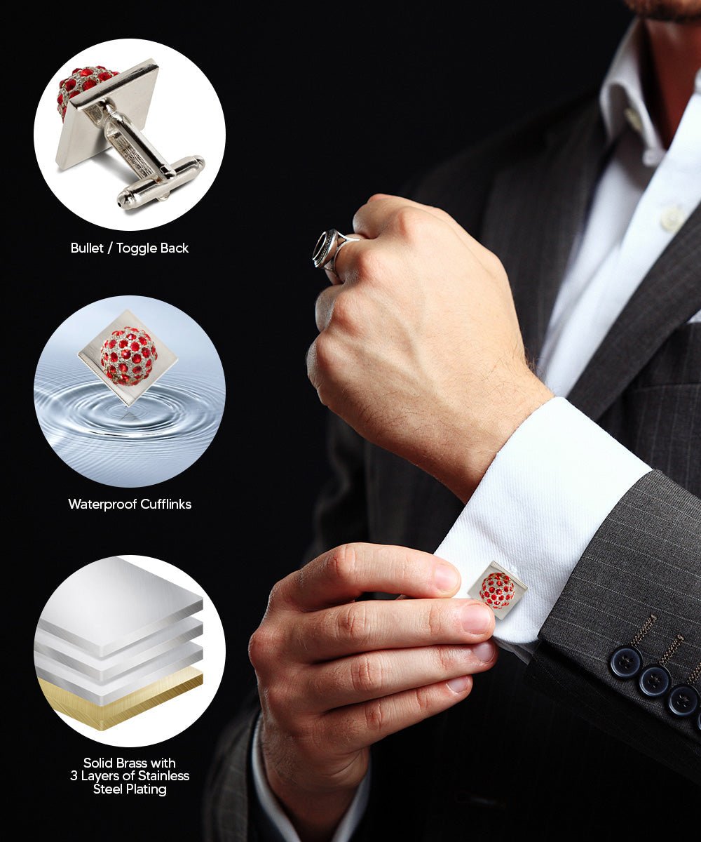 Vittorio Vico Studded Colorstone Crystal Flower Cufflinks: CL12XX Series - Suits You Sir - Red and Silver -
