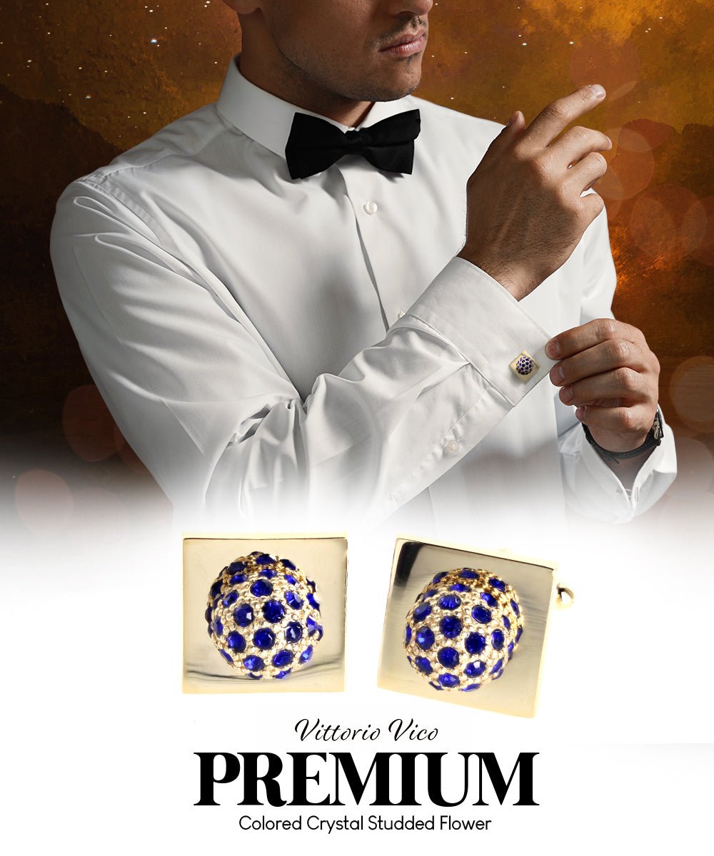 Vittorio Vico Studded Colorstone Crystal Flower Cufflinks: CL12XX Series - Suits You Sir - Royal Blue and Gold -