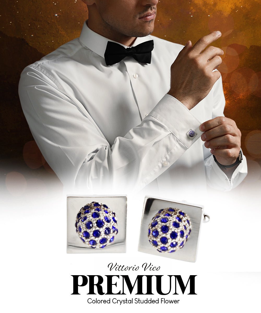 Vittorio Vico Studded Colorstone Crystal Flower Cufflinks: CL12XX Series - Suits You Sir - Royal Blue and Silver -